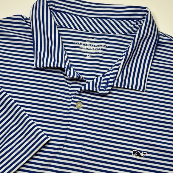 Vineyard Vines Performance Polo Shirt Mens XXL Blue White Stripe Golf Whale Logo - Picture 1 of 7
